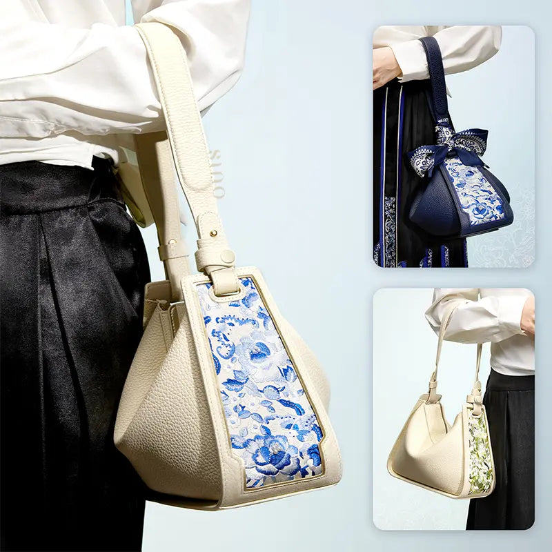 SANLAN Embroidery blue floral panel beige leather shoulder bag shown with blue and green handbag colorways.