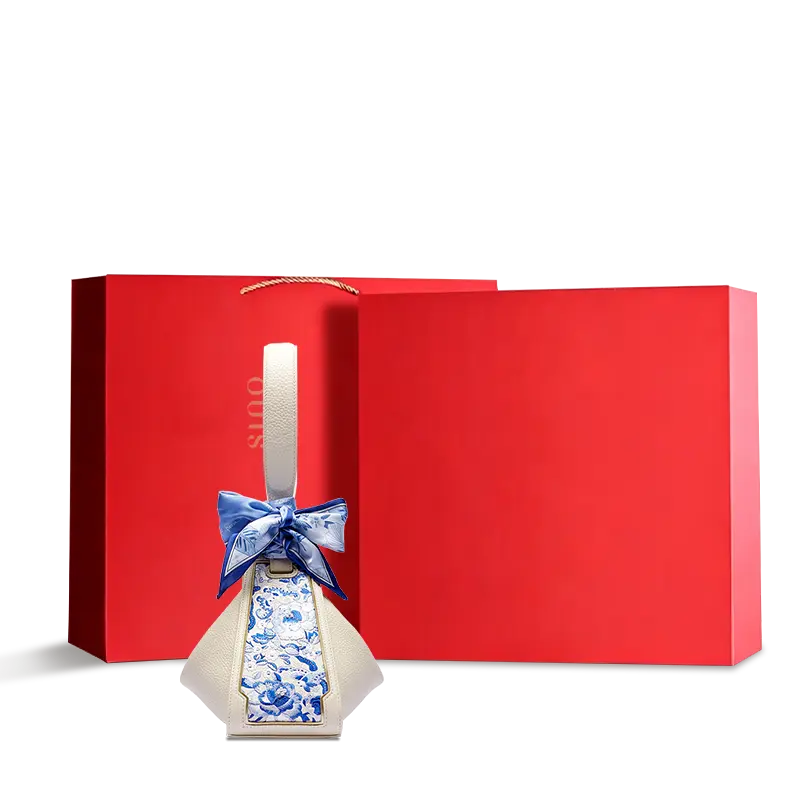 SANLAN blue floral embroidered beige leather handbag displayed with premium red gift box packaging.