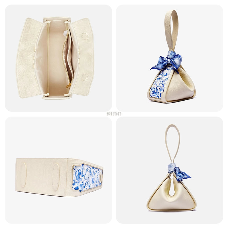 Interior base and convertible views of the SANLAN beige leather shoulder bag and Zongzi handbag.