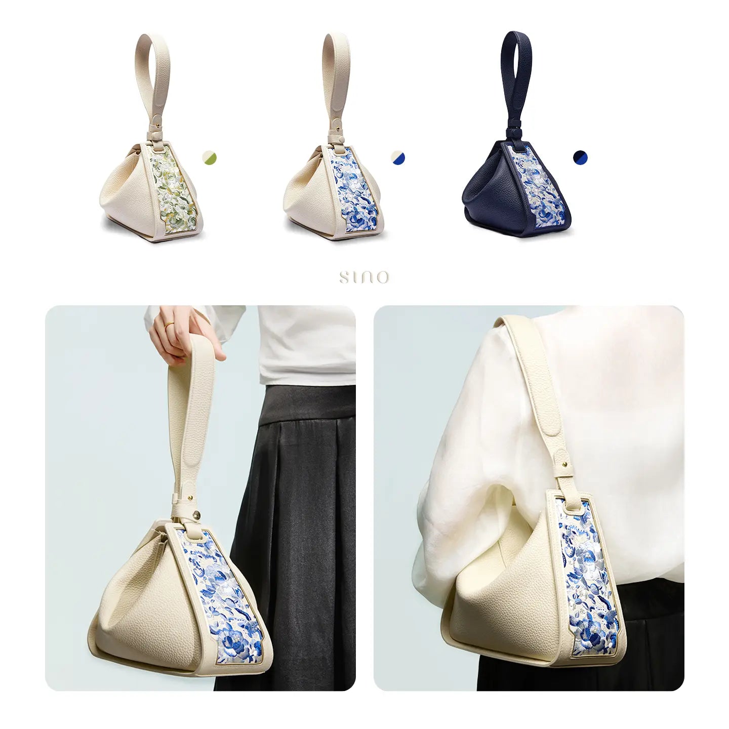 SANLAN blue floral panel beige leather shoulder bag shown as a handbag with three available colorways.