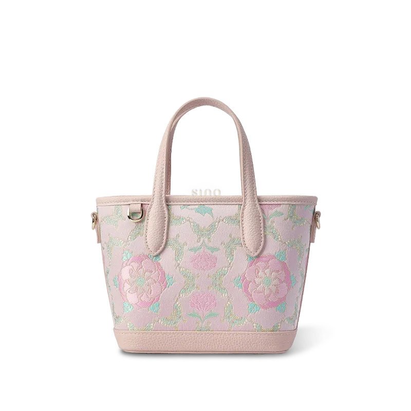 Front view: Purple Shu Brocade butterfly peony crossbody bag.