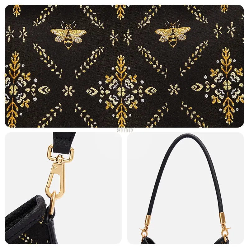 Gilded Jade Shu Brocade motif with golden bees, botanical details, leather strap, and gold-tone hardware.