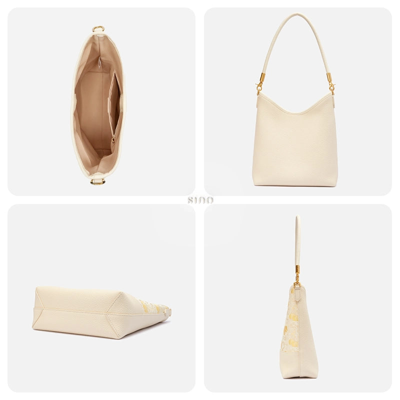 Interior, back, side, and base views of the Chinoiserie Luxury Shu Brocade Panda and Dragon Leather Shoulder Bag.