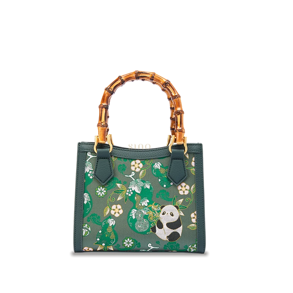 Shu Brocade Panda and Auspicious Gourd motif bamboo handle handbag crafted with silk brocade and leather details.