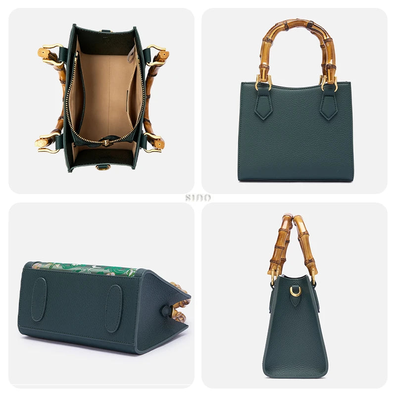 Detailed view of Shu Brocade Panda bamboo handle handbag showing interior space, leather back, side structure, and reinforced bottom design.