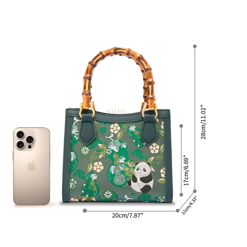 Shu Brocade Panda bamboo handle handbag size and capacity guide with structured leather design.
