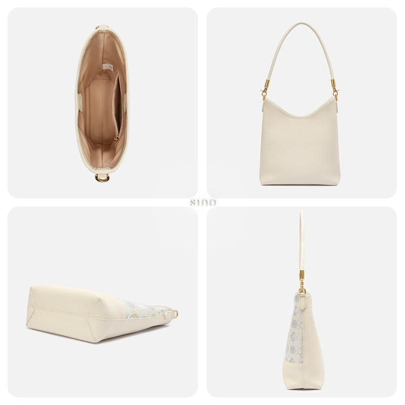 Interior, ivory leather back, structured base, and side profile of the Persimmon Calyx shoulder bag.