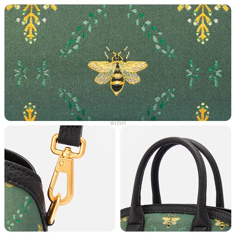 Close-up detail of the Shu Brocade Verdant Layers pattern, gold-tone hardware, and black leather handle of the top handle bag.