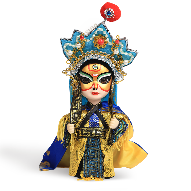 Front view: 6-inch Sichuan Opera doll in yellow silk, holding blue headdress ties with floral crown.