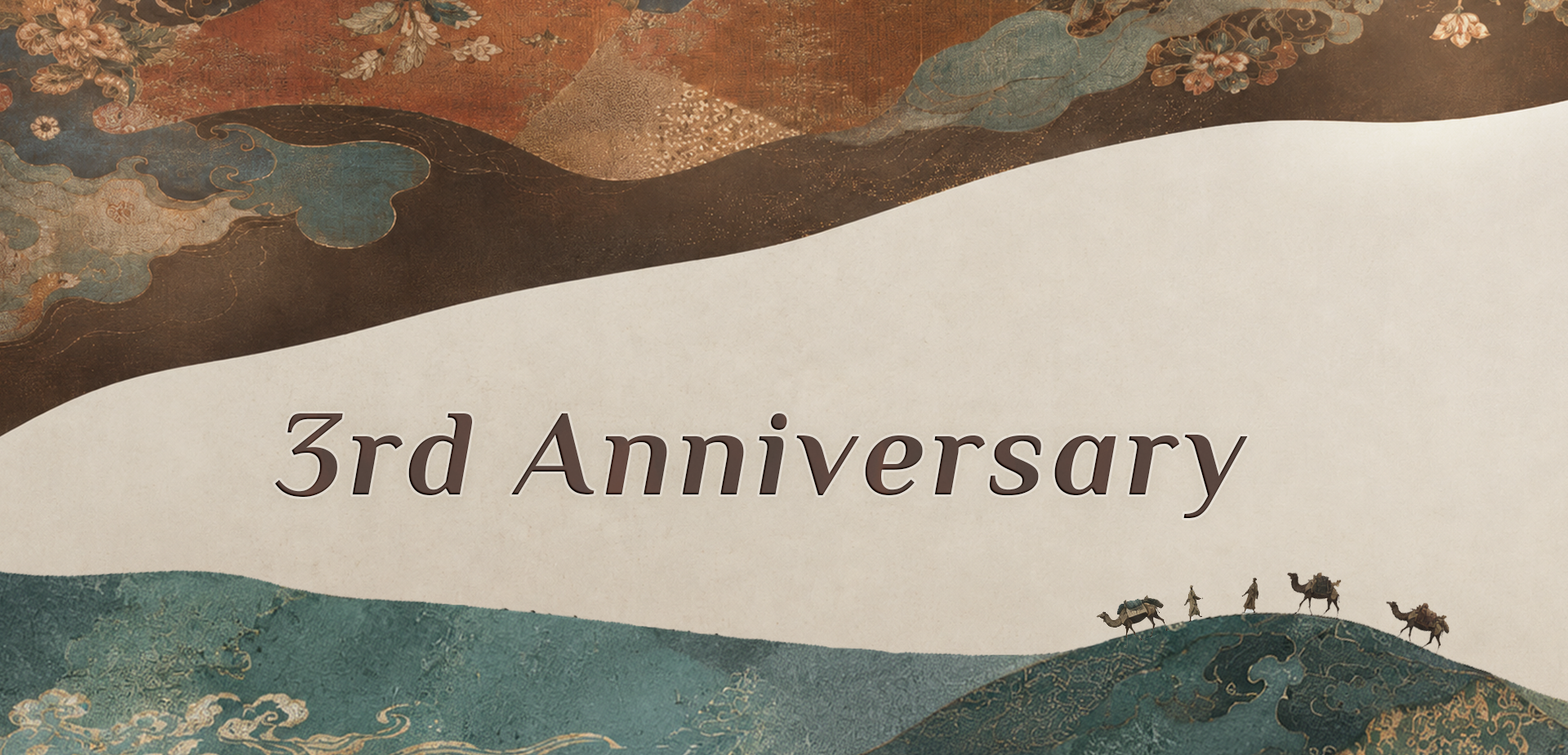 SinoCultural 3rd anniversary banner featuring traditional Chinese-inspired mountains, floral motifs, and a camel caravan.