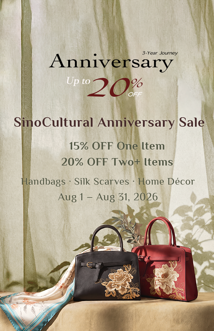 SinoCultural 3rd anniversary sale banner featuring embroidered handbags and a silk scarf, with up to 20% off, including 15% off one item and 20% off two or more items.