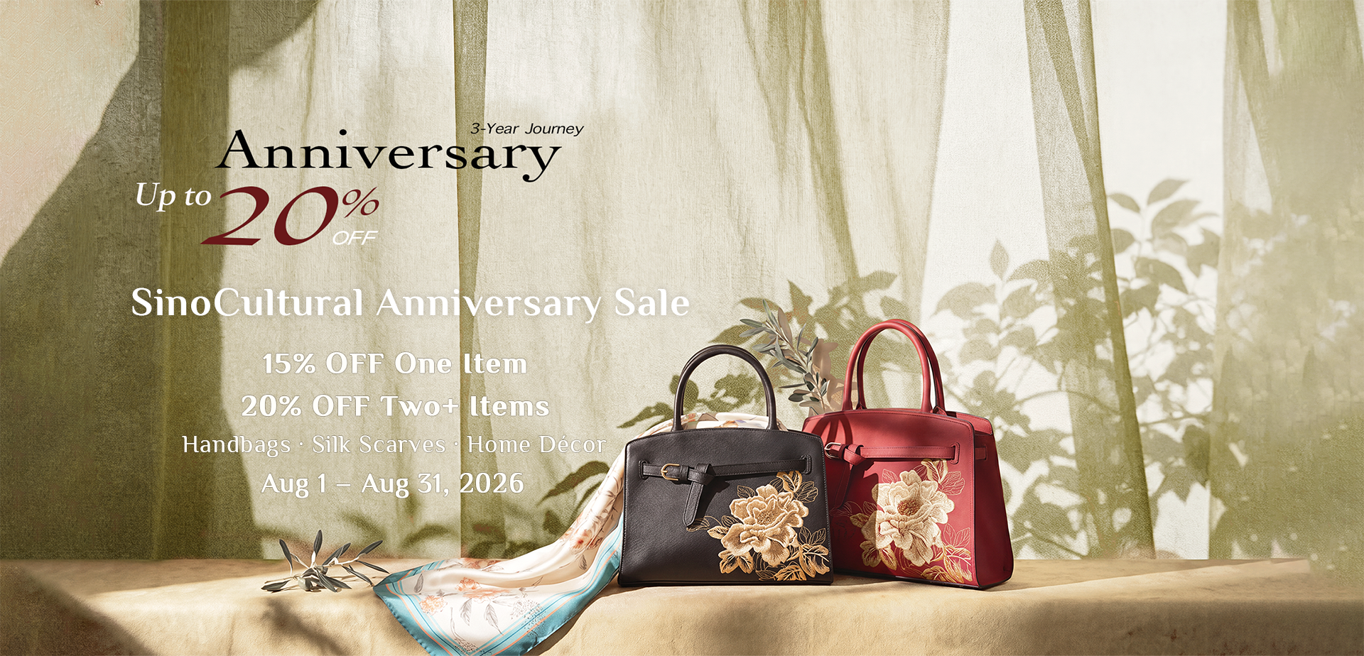 SinoCultural 3rd anniversary sale banner featuring embroidered handbags and a silk scarf, with up to 20% off, including 15% off one item and 20% off two or more items.