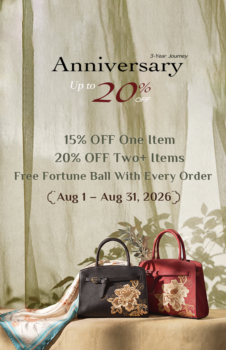 SinoCultural 3rd anniversary sale banner featuring embroidered handbags and a silk scarf, with 15% off one item, 20% off two or more items, and a free Fortune Ball Charm with every order.