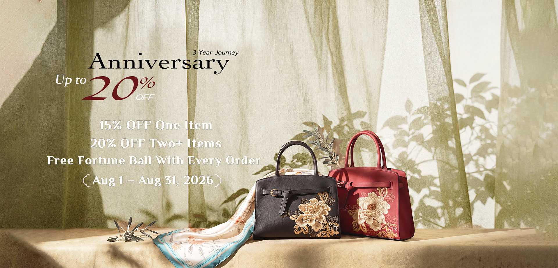 SinoCultural 3rd anniversary sale banner featuring embroidered handbags and a silk scarf, with 15% off one item, 20% off two or more items, and a free Fortune Ball Charm with every order.