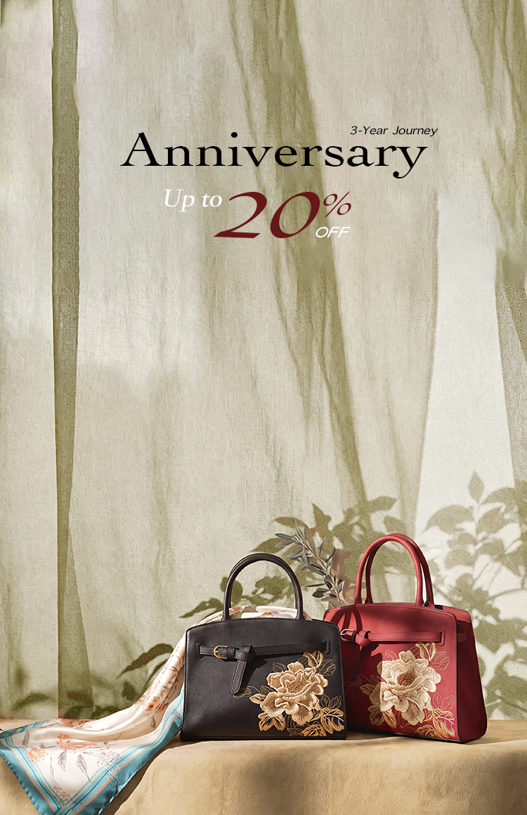 SinoCultural 3rd anniversary sale banner with embroidered handbags and a silk scarf, offering 15% off one item and 20% off two or more items.