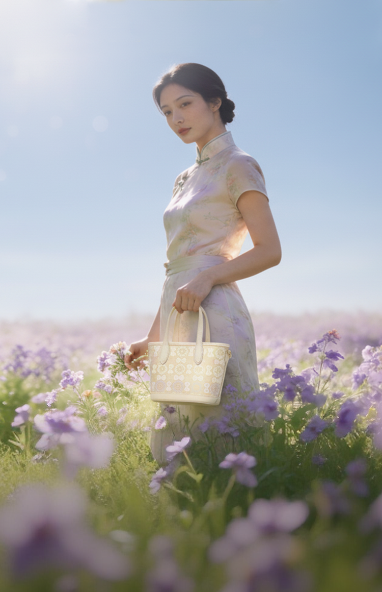 Sinocultural brand banner featuring a model in a soft qipao holding a Luxury Song Brocade Ivory Tote Bag in a dreamy field of purple flowers.