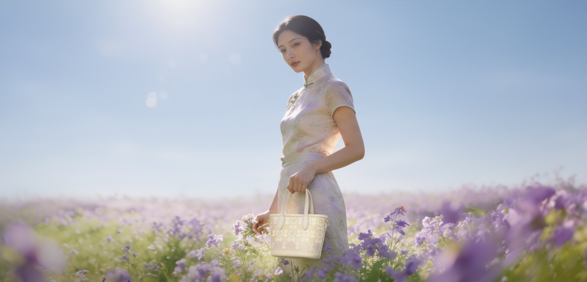 Sinocultural brand banner featuring a model in a soft qipao holding a Luxury Song Brocade Ivory Tote Bag in a dreamy field of purple flowers.