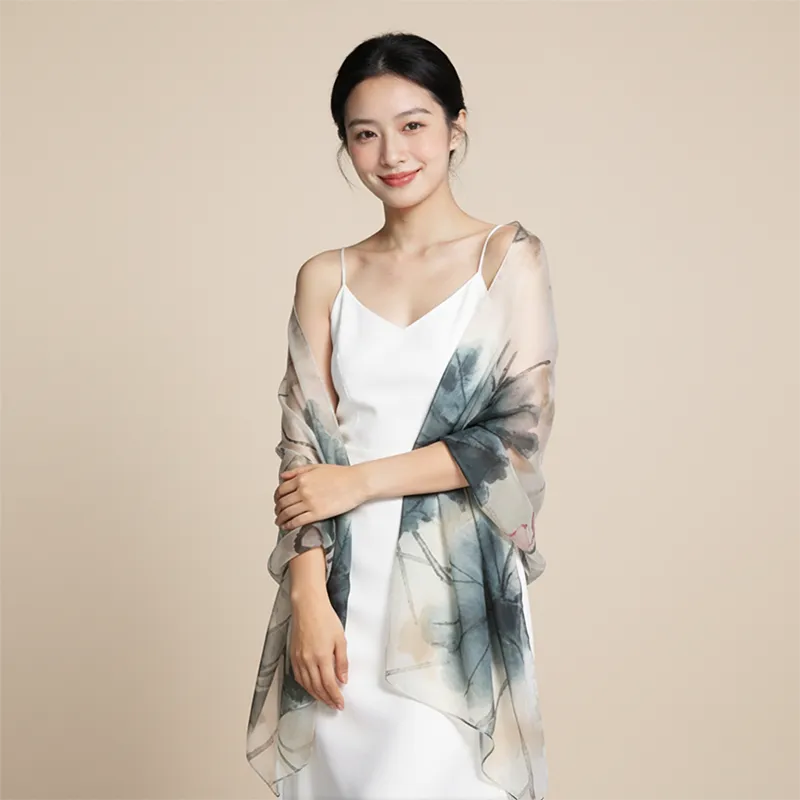 Model wearing a custom mulberry silk scarf by Sinocultural.