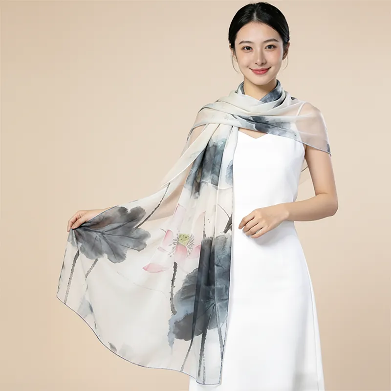 Model showcasing a custom mulberry silk scarf draped over the shoulders and held open by hand.