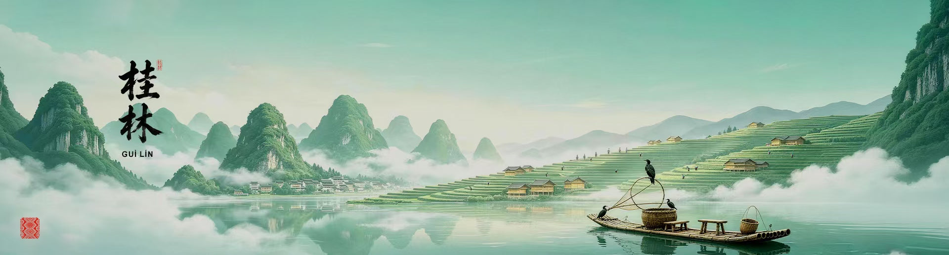 SinoCultural Guilin Travel Guide 2026 banner featuring the Li River, dramatic karst mountains, and Guilin city scenery, celebrating Guangxi culture and Zhuang brocade.