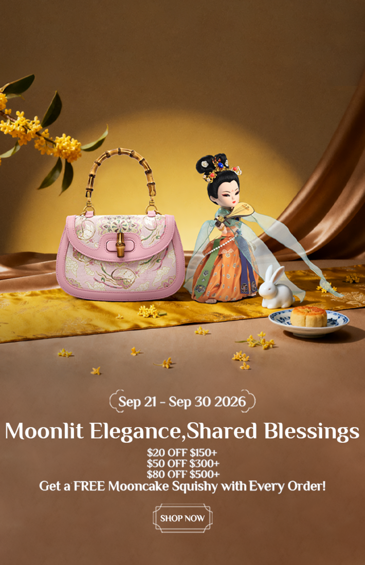 SinoCultural Mid-Autumn Festival sale banner featuring a pink brocade handbag, Chinese figurine, rabbit and mooncake, with $20 off $150+, $50 off $300+, $80 off $500+, plus a free mooncake squishy with every order.