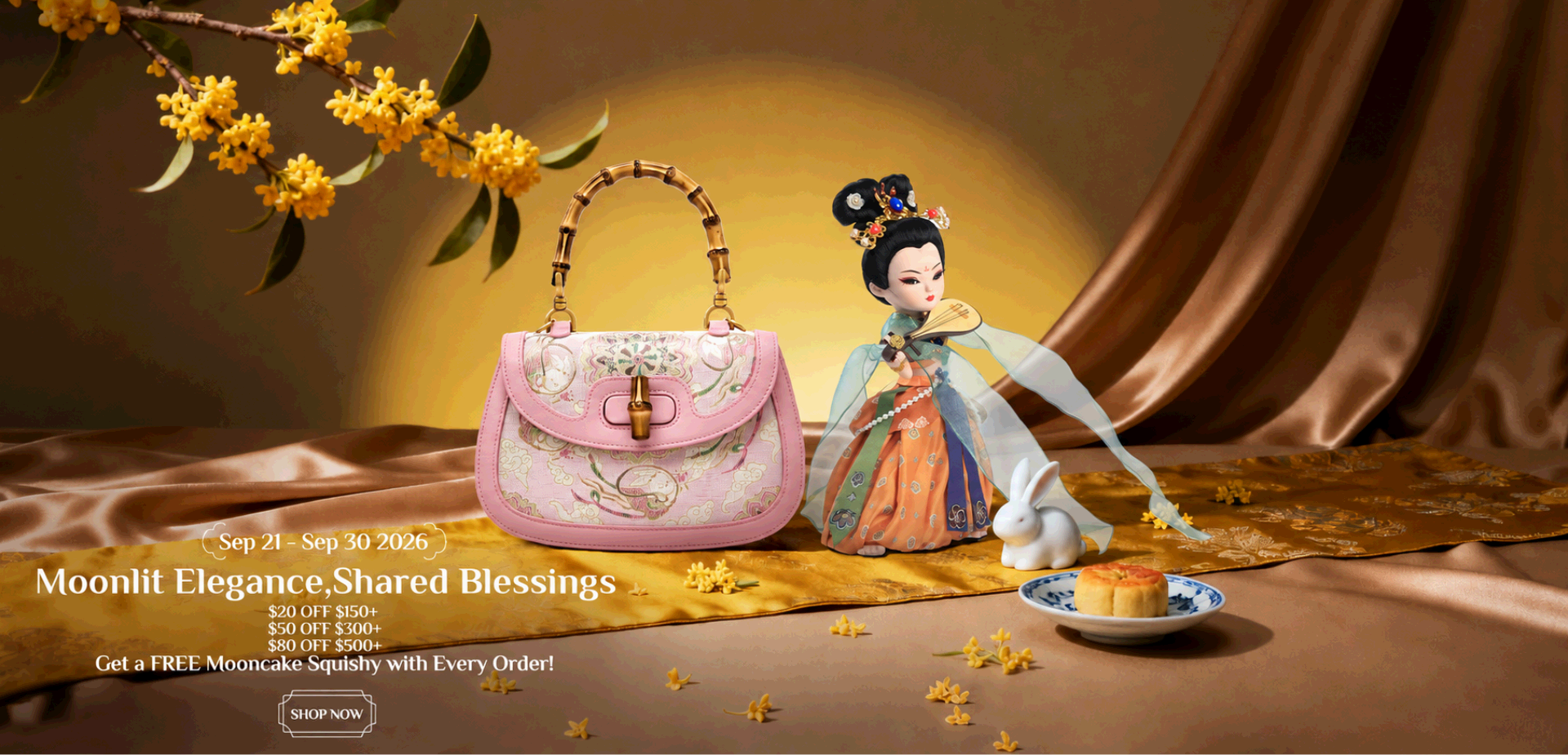 SinoCultural Mid-Autumn Festival sale banner featuring a pink brocade handbag, Chinese figurine, rabbit and mooncake, with $20 off $150+, $50 off $300+, $80 off $500+, plus a free mooncake squishy with every order.