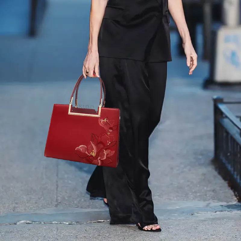 Sinocultural Embroidery Leather Red Tote Bag Magnolia Women's Handbag - SinoCultural -- P120346-1