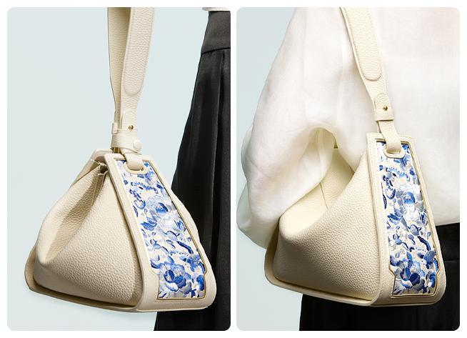Two side views of a cream SANLAN embroidered shoulder bag showing its convertible Zongzi-inspired silhouette.