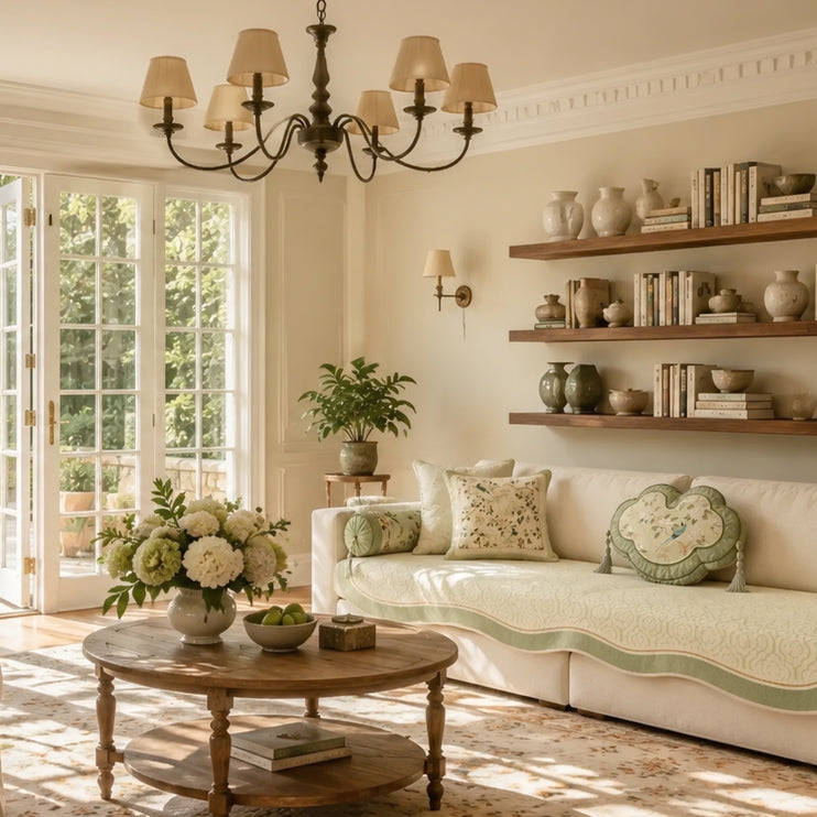 SinoCultural Summer Home Refresh 2026 cover featuring a bright, airy living room with natural light, sage green Chinoiserie cushions, floral decor, and neutral summer accents.