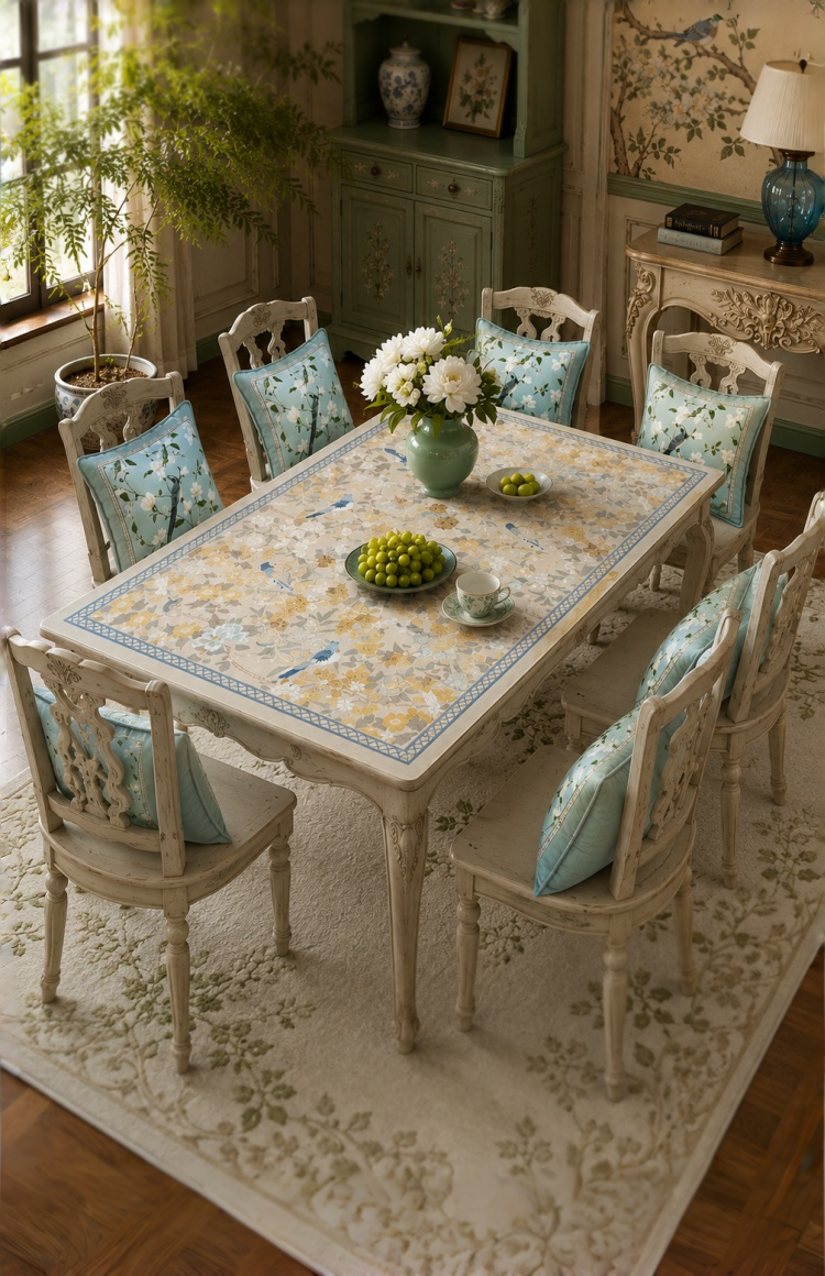 SinoCultural Summer Home Refresh banner featuring a floral tablecloth, blue botanical cushions, and a sunlit vintage-style dining room.