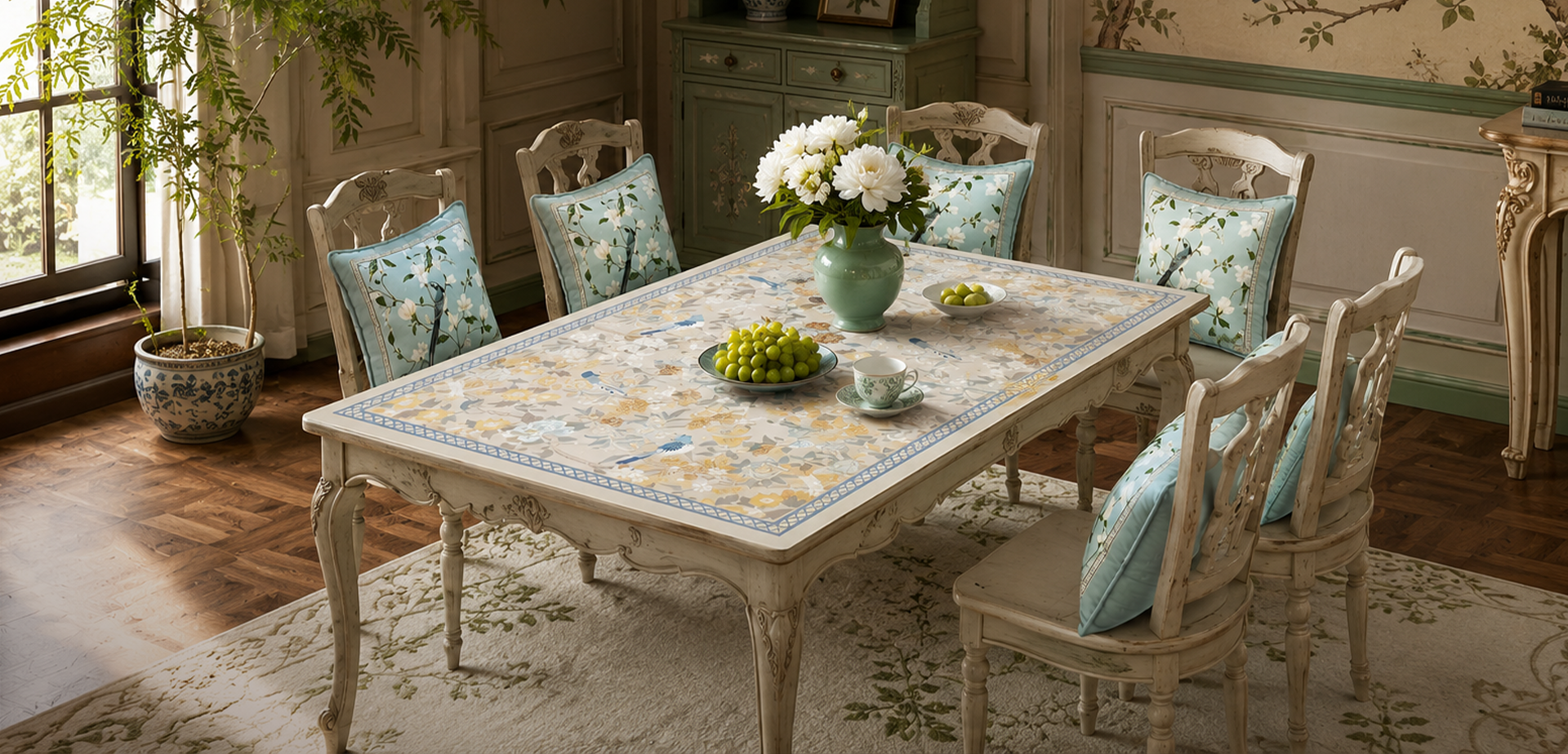 SinoCultural Summer Home Refresh banner featuring a floral tablecloth, blue botanical cushions, and a sunlit vintage-style dining room.
