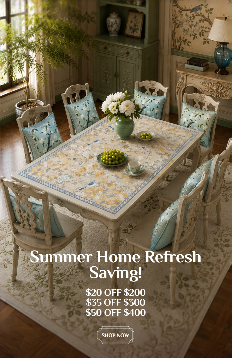 SinoCultural Summer Home Refresh sale banner featuring a floral tablecloth, blue botanical chair cushions, and an elegant sunlit dining room.