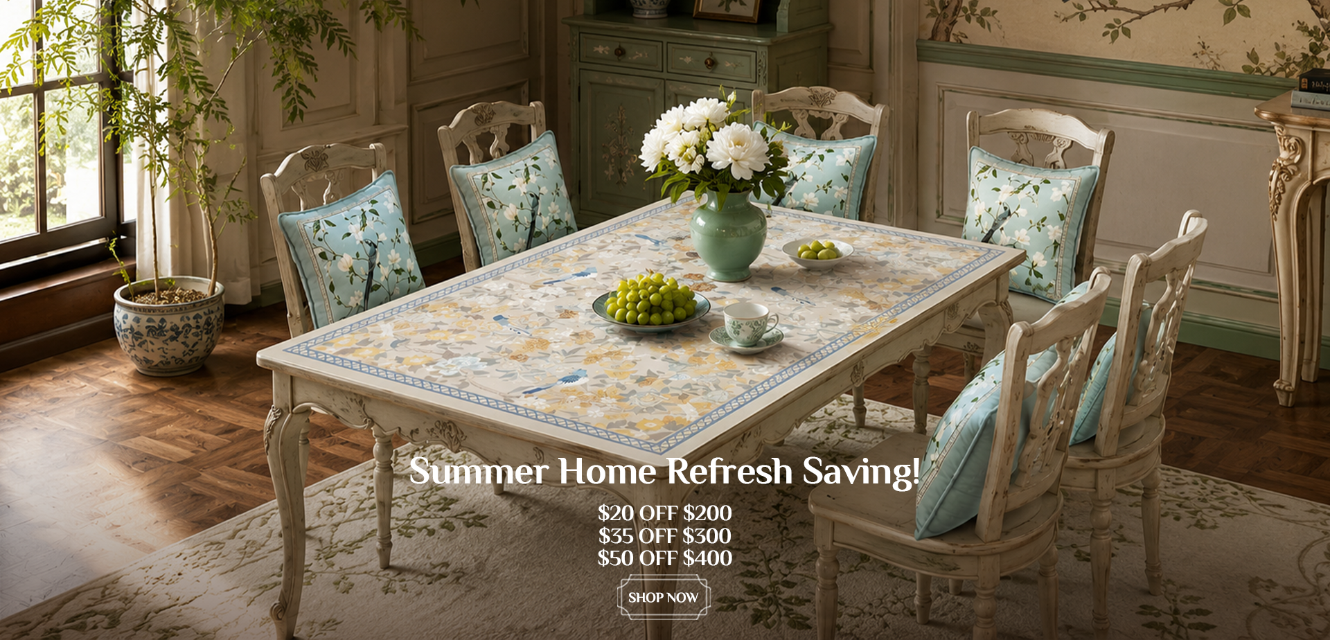 SinoCultural Summer Home Refresh sale banner featuring a floral tablecloth, blue botanical chair cushions, and an elegant sunlit dining room.