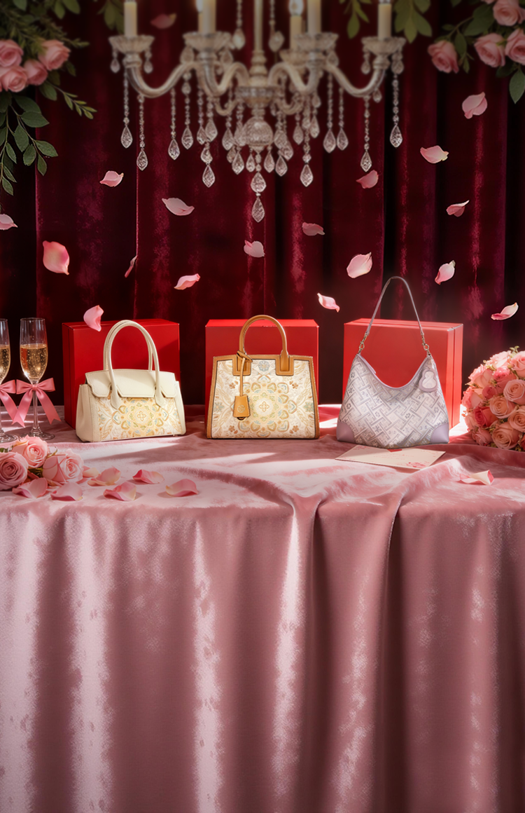 Sinocultural Valentine's Day banner with luxury handbags, red boxes, champagne, and rose accents on a pink tablecloth.