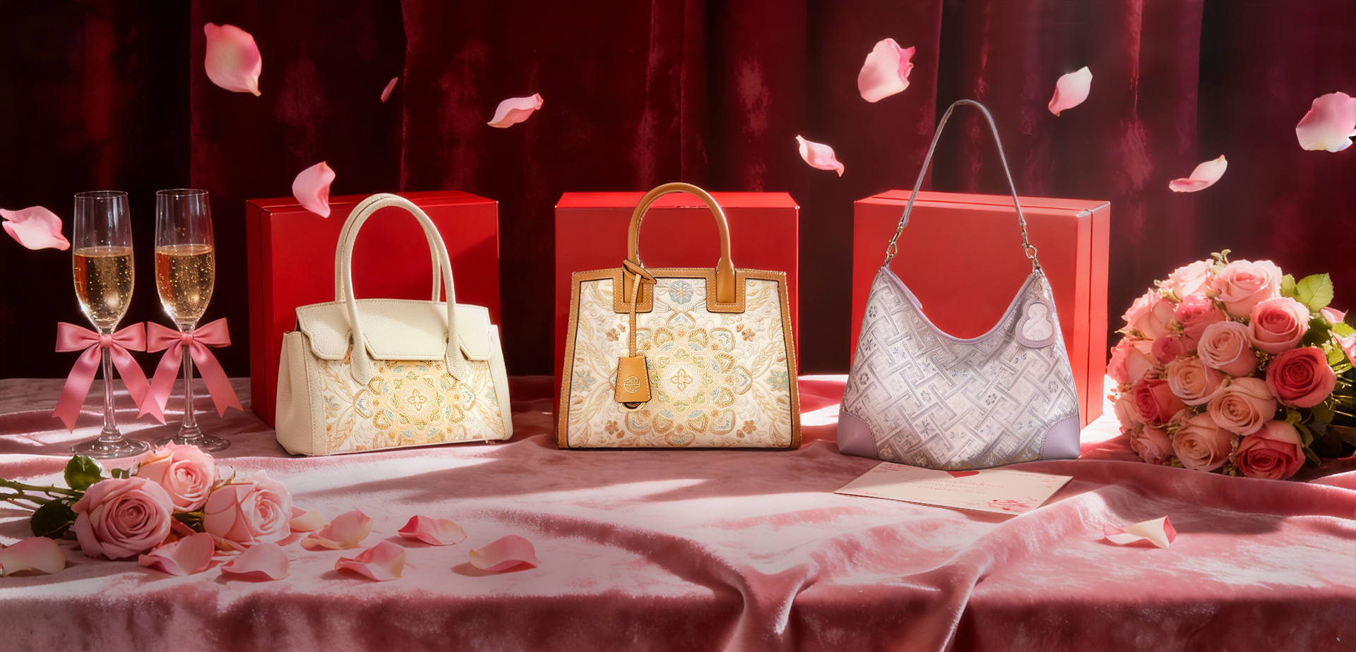 Sinocultural Valentine's Day banner with luxury handbags, red boxes, champagne, and rose accents on a pink tablecloth.