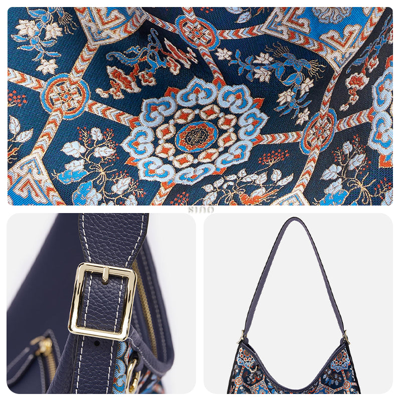 Bottom view of Luxury Song Brocade Blue Baoxiang Floral Crossbody Bag, showing base protection and leather corner details.