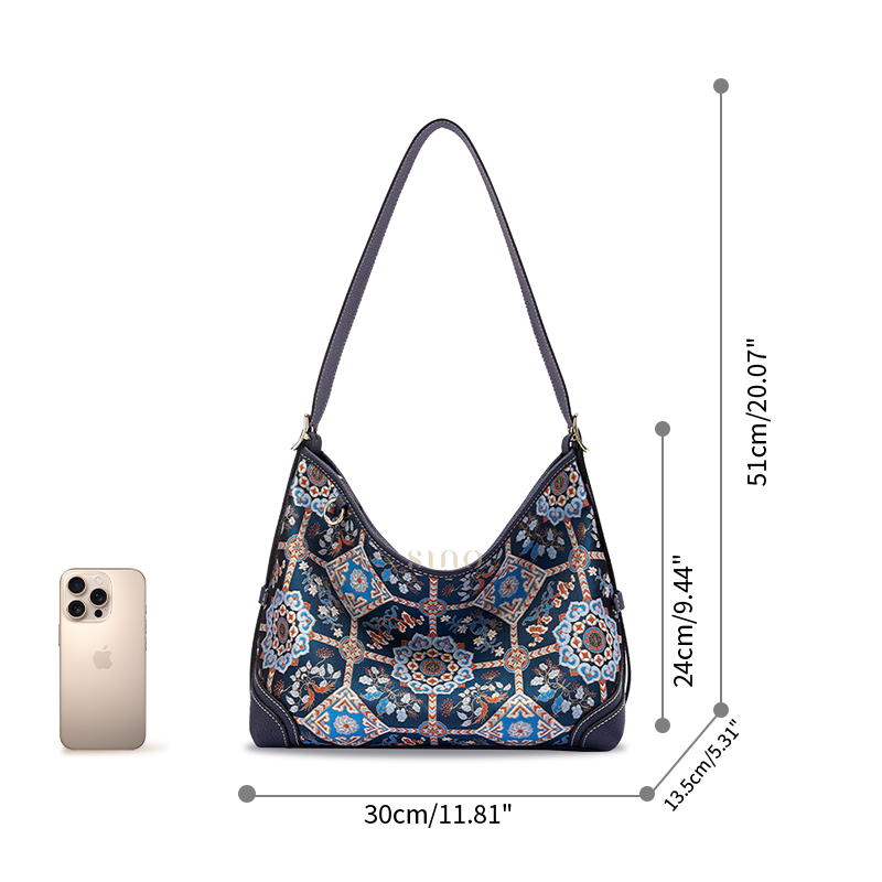 Interior view of Luxury Song Brocade Blue Baoxiang Floral Leather Crossbody Bag, showing spacious compartment and lining.
