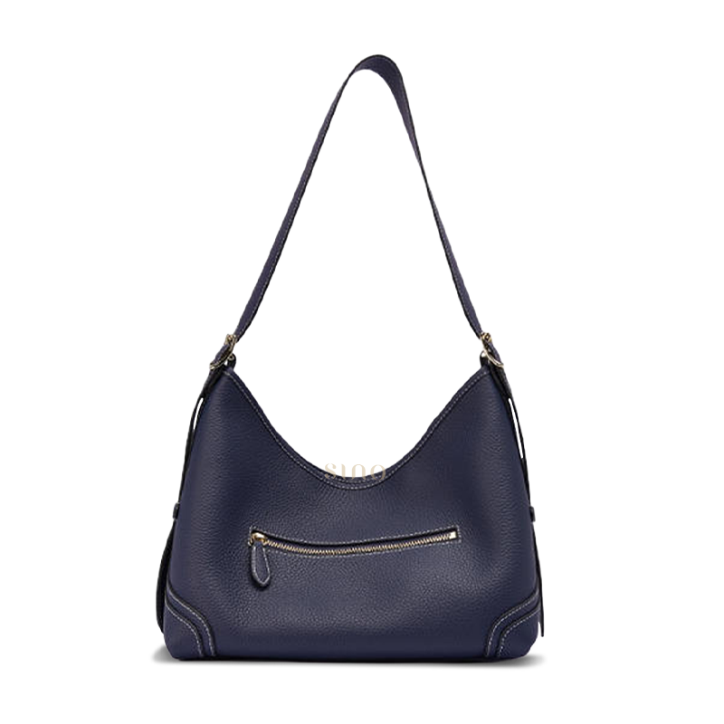 Luxury Song Brocade Blue Baoxiang Floral Crossbody Bag with close-up of adjustable leather strap and stitching details.