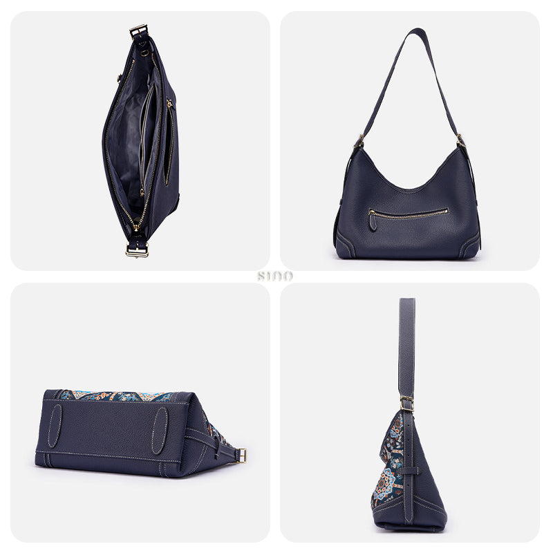 Side profile of Luxury Song Brocade Blue Baoxiang Floral Leather Crossbody Bag, highlighting bag shape and structure.
