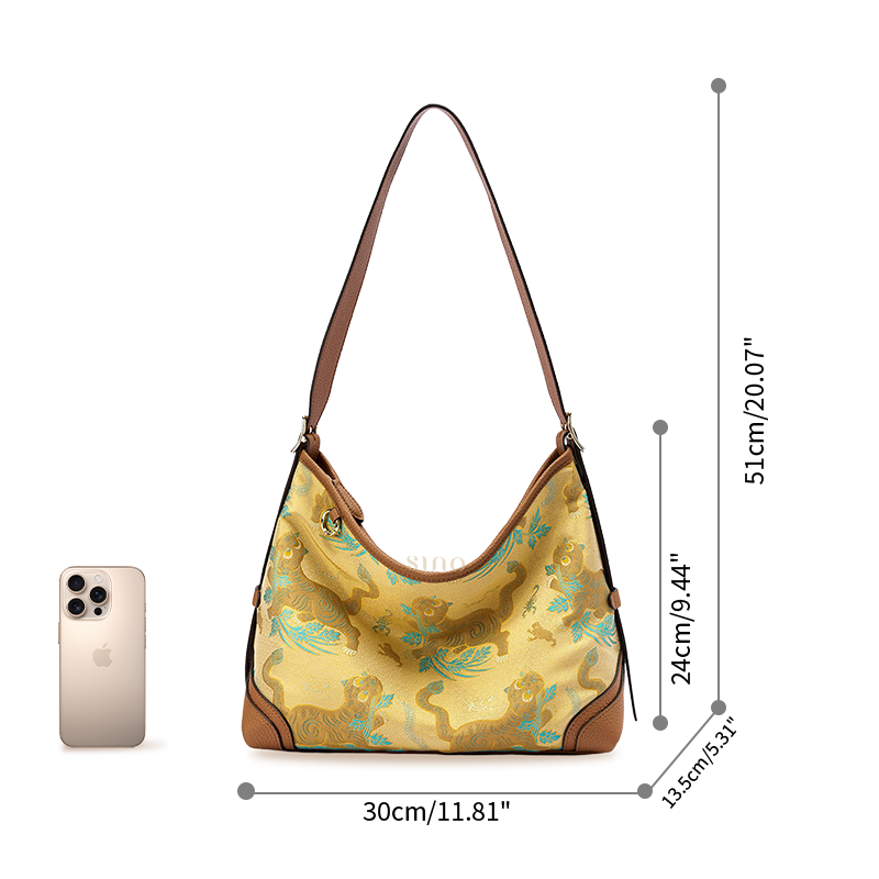 Size reference image of the Song Brocade Brown Tiger Leather Crossbody Bag showing its structured shape and capacity.
