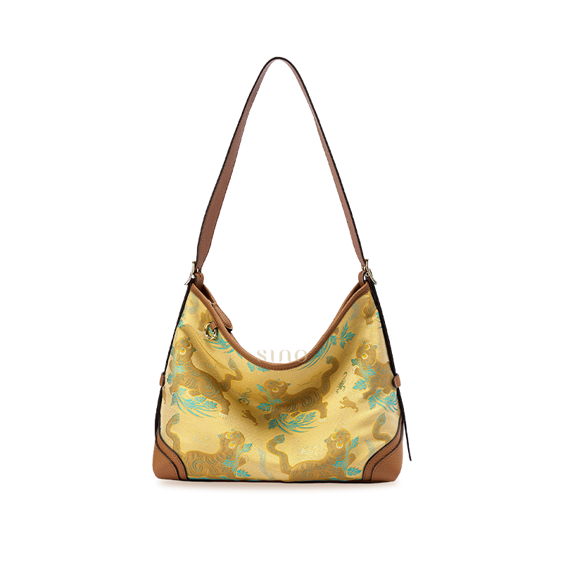 Front view of the Chinoiserie Luxury Song Brocade Brown Tiger Leather Crossbody Bag, featuring the brown tiger motif and leather trim.
