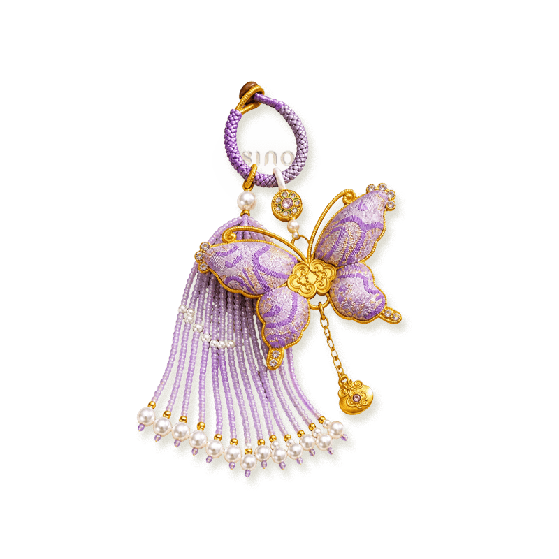 Purple Song Brocade butterfly pearl tassel bag charm isolated on a transparent background with pearl tassels, gold-tone trim, and a butterfly design.