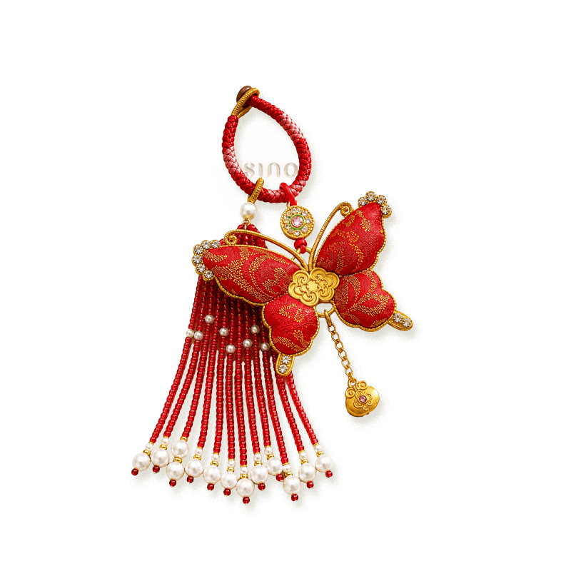 Red Song Brocade butterfly pearl tassel bag charm isolated on a transparent background with red beaded tassels, pearl accents, and gold-tone details.