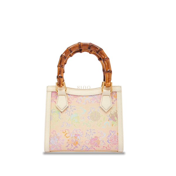 Song Brocade Fortune & Longevity Motif leather bamboo handle handbag featuring traditional Chinese textile patterns and handcrafted design.