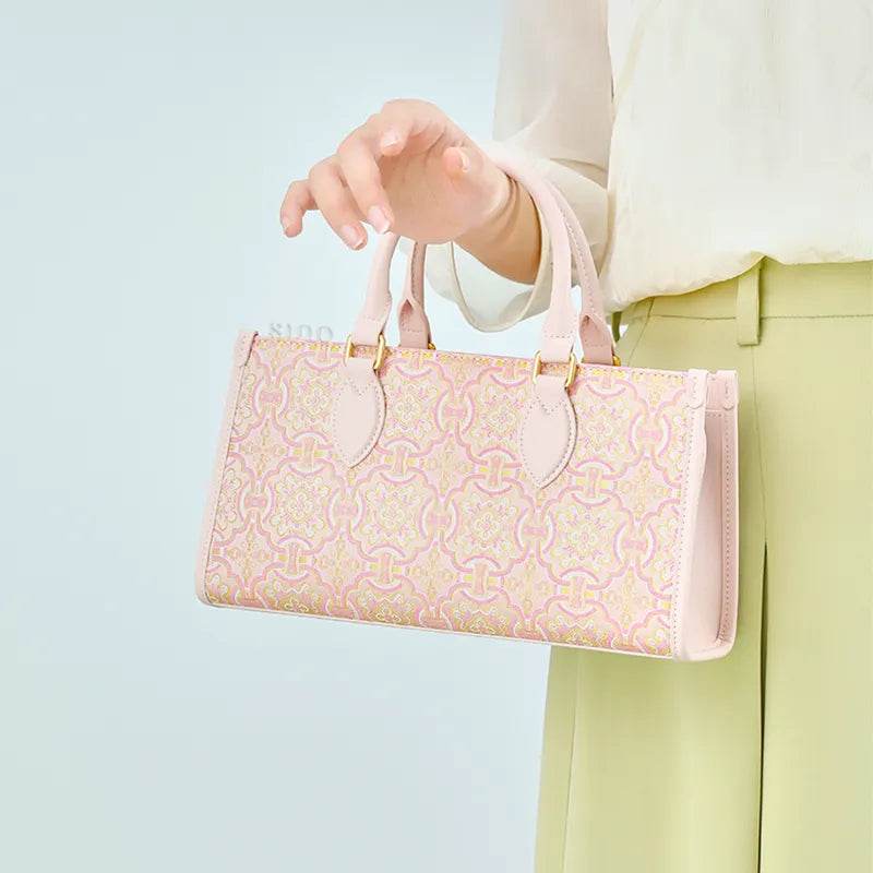 Song Brocade Leather Handbag – Pink & Gold DingSheng Motif - SinoCultural -- FJ120770