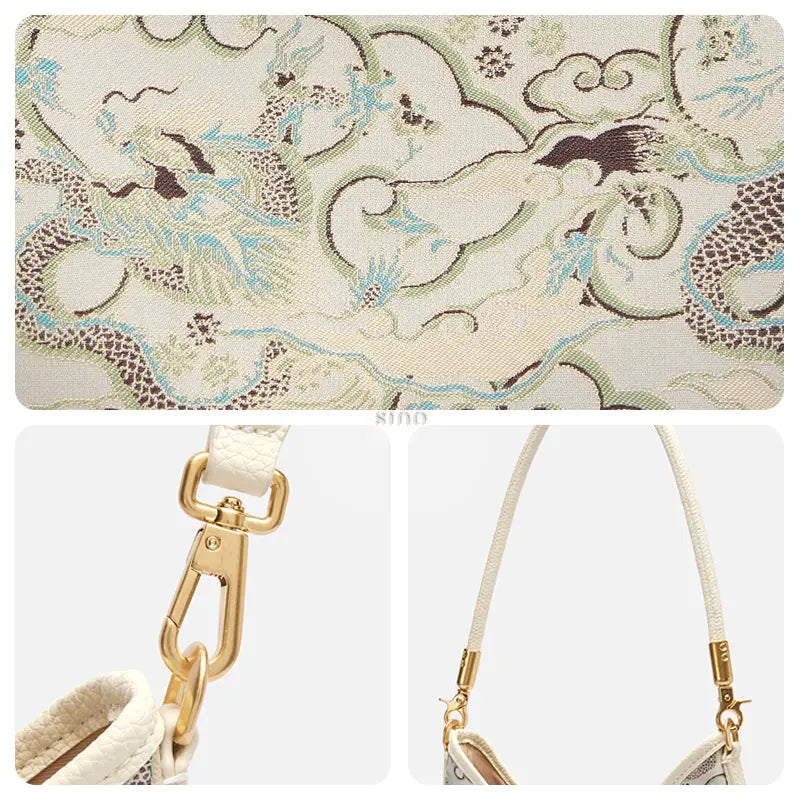 Close-up detail of the Song brocade Ox-Head Dragon pattern, gold-tone hardware, and shoulder strap on the leather shoulder bag.