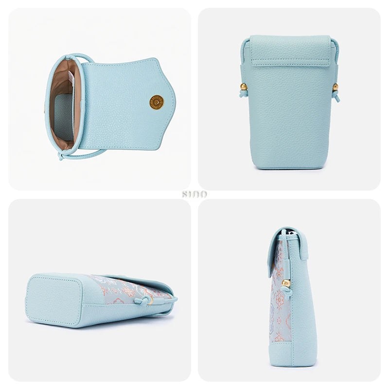 Song Brocade phone bucket bag details showing the interior, back, base, and side construction of the small crossbody bag.