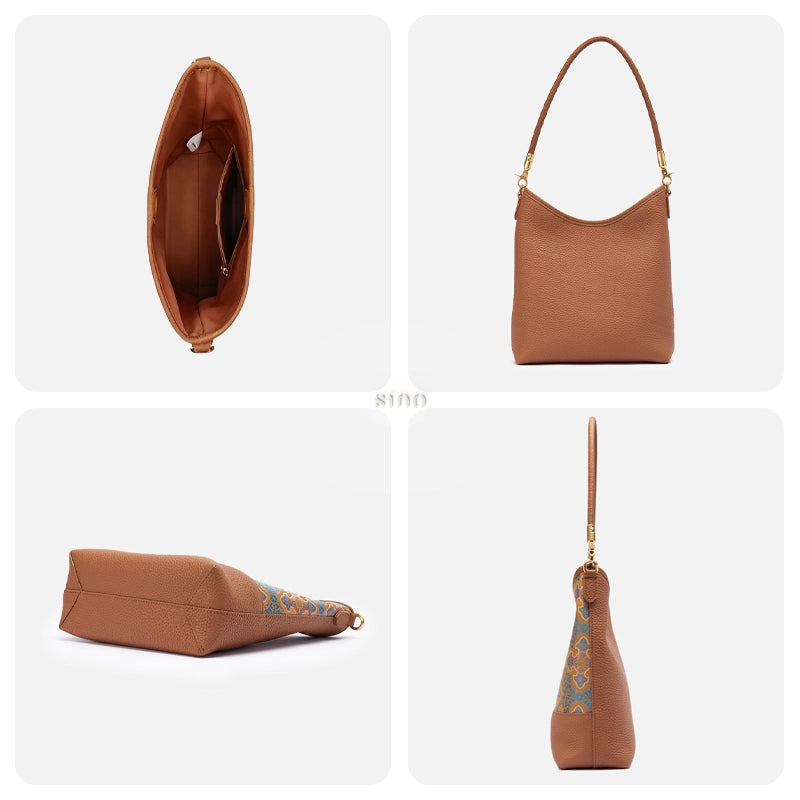 Interior, brown leather back, structured base, and side profile of the Chinoiserie Song Brocade Ruyi Motif shoulder bag.