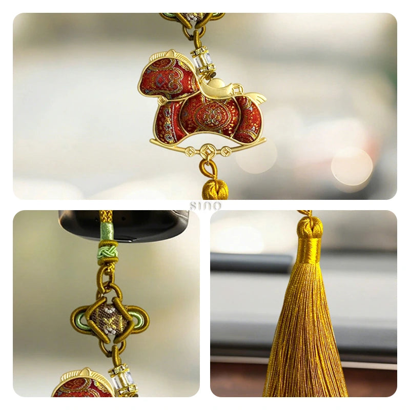 Close-up details of the Song brocade Ruyi horse tassel charm, showing the red woven fabric, gold-toned frame, decorative knot, and silky tassel.