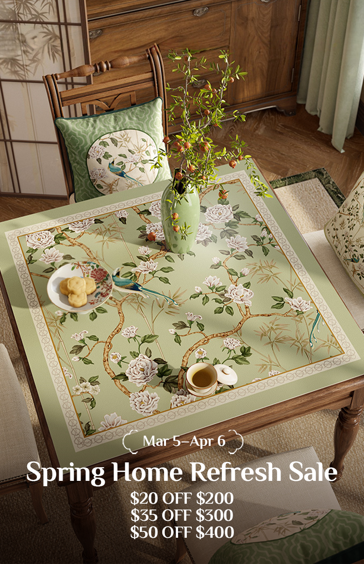 Spring Home Refresh Sale banner with jade green chinoiserie table styling, Mar 5–Apr 6.